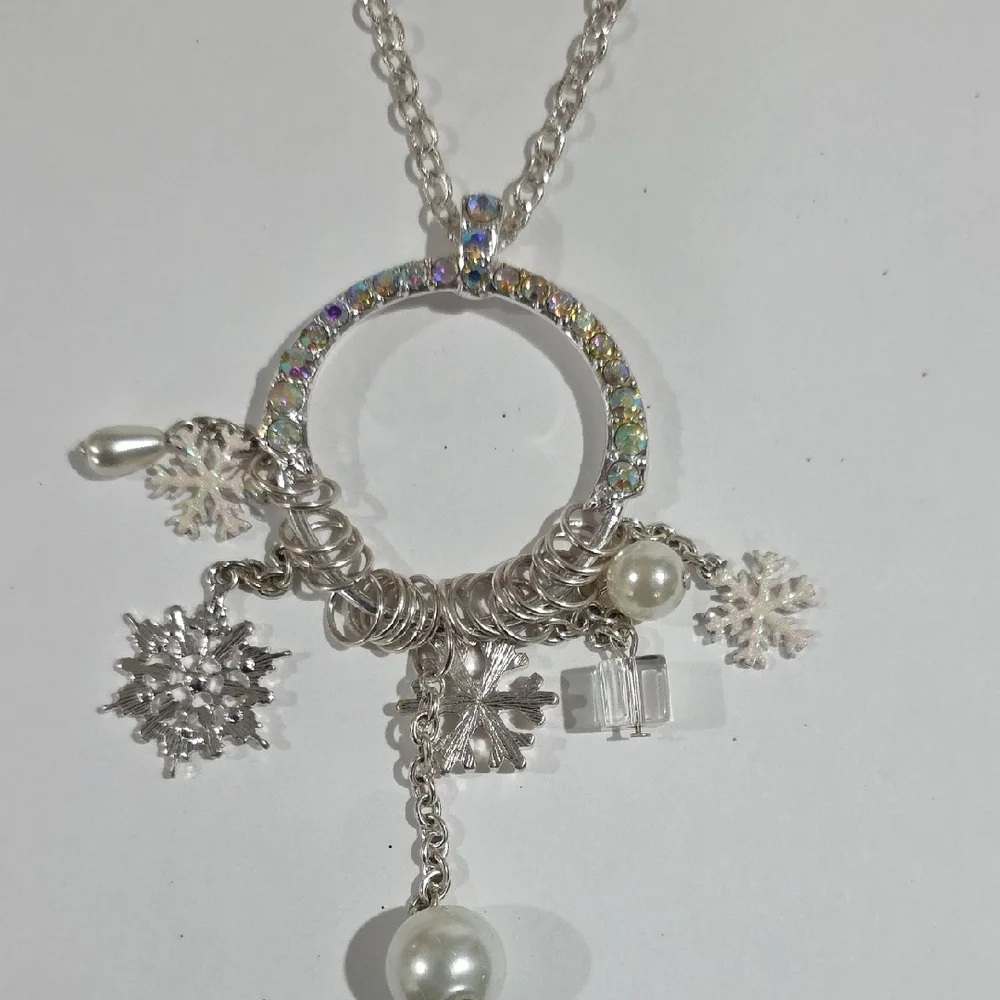 Silver Pendant Necklace – Iridescent Halo Circle - Snowflake, Pearl & Gift Charm